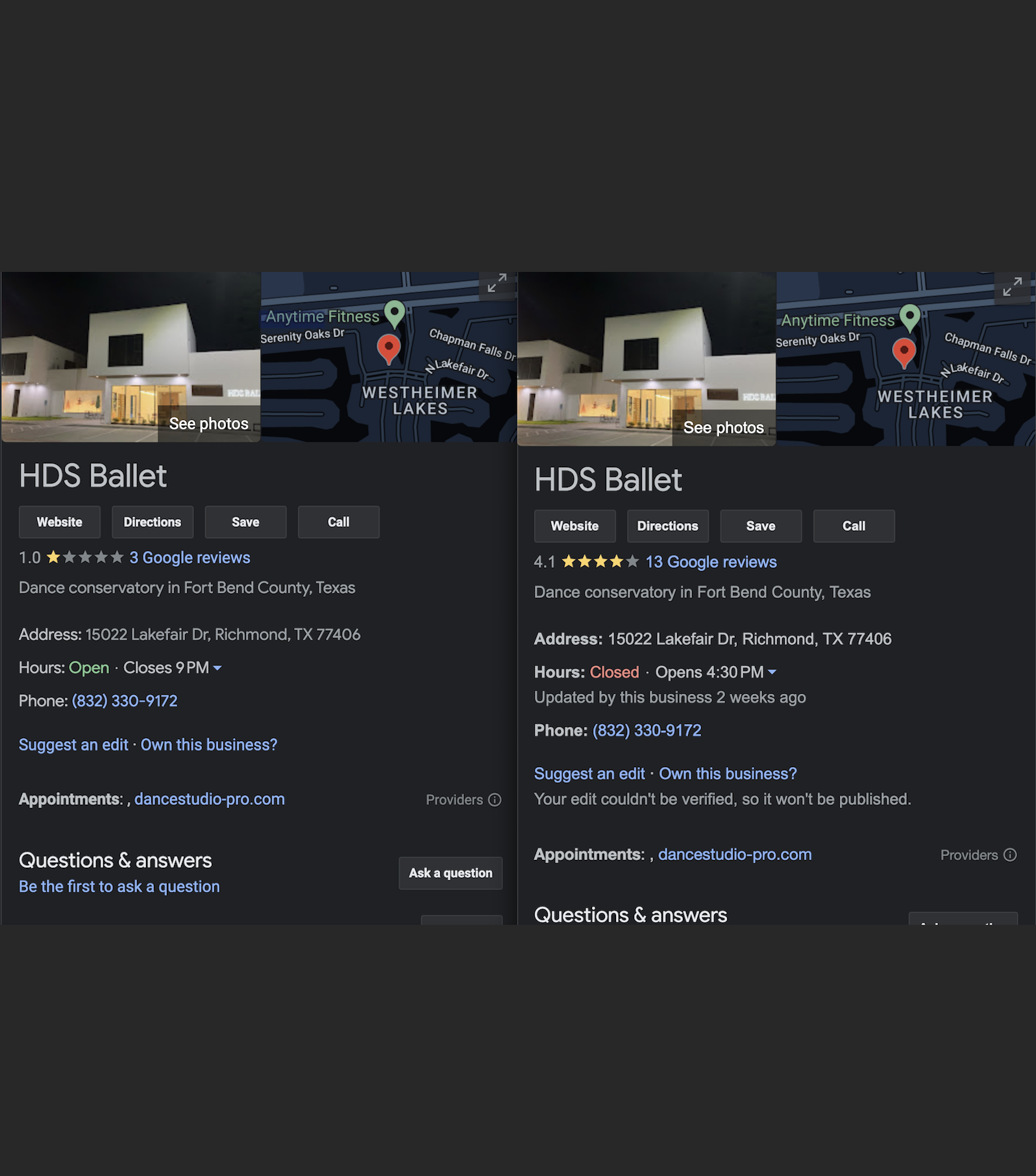 Comparison showing HDS Ballet's new Google listing rapidly boosted from 1-star to 4.1 stars within 48 hours, suggesting deliberate PR efforts.