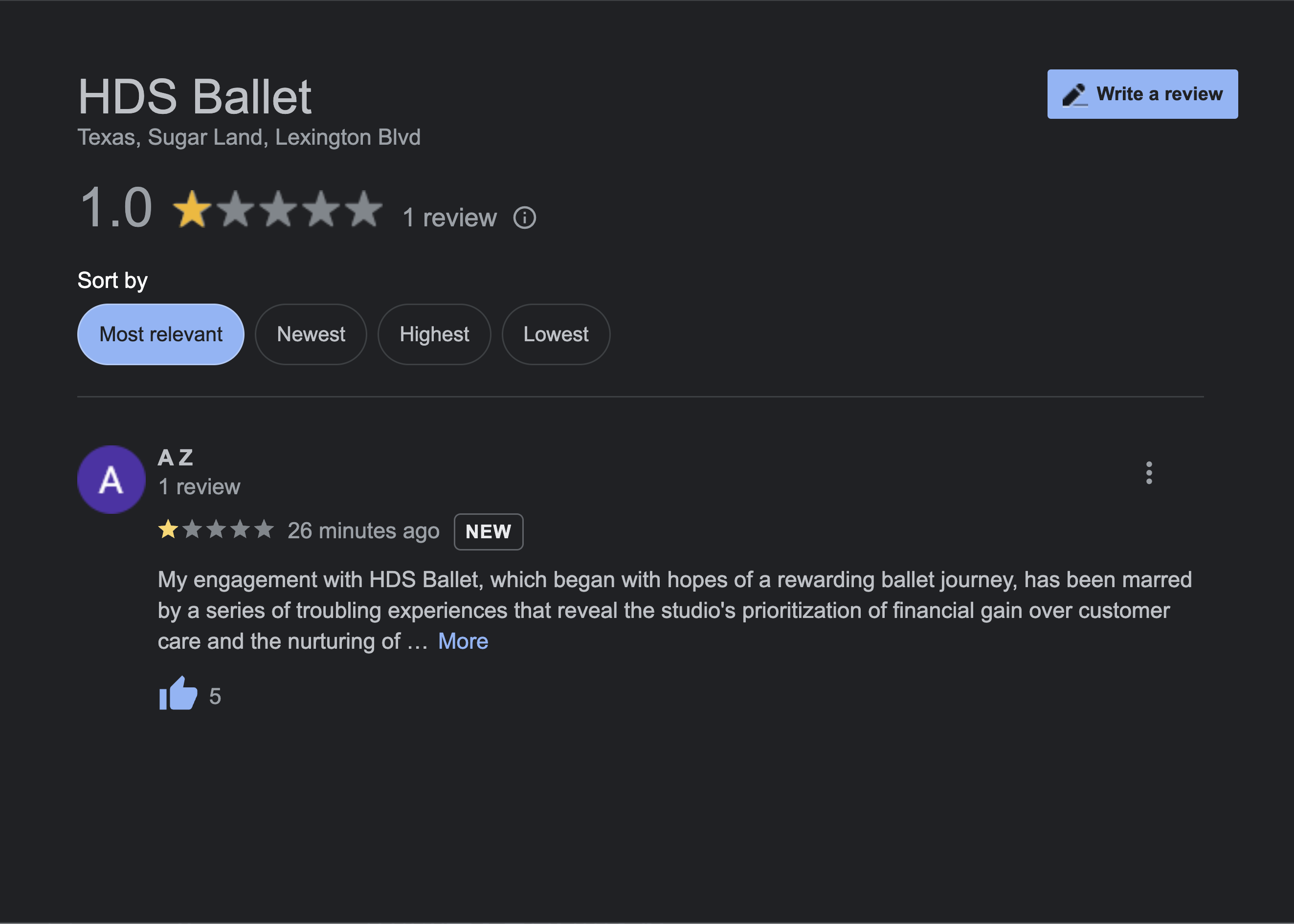 Screenshot of HDS Ballet's original Google business listing showing negative reviews before changes.