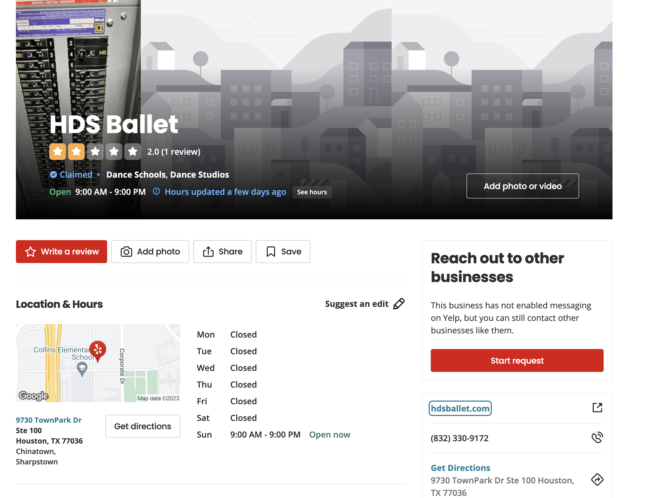 Screenshot of HDS Ballet Houston location renamed back to its original title after defamatory changes were reversed.