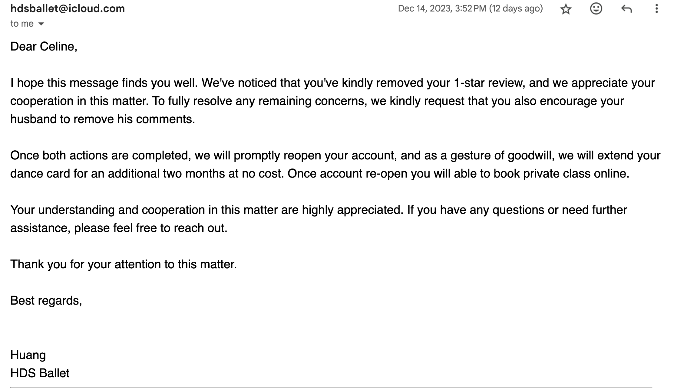 Screenshot of follow-up email demanding removal of reviews for partial account reinstatement.