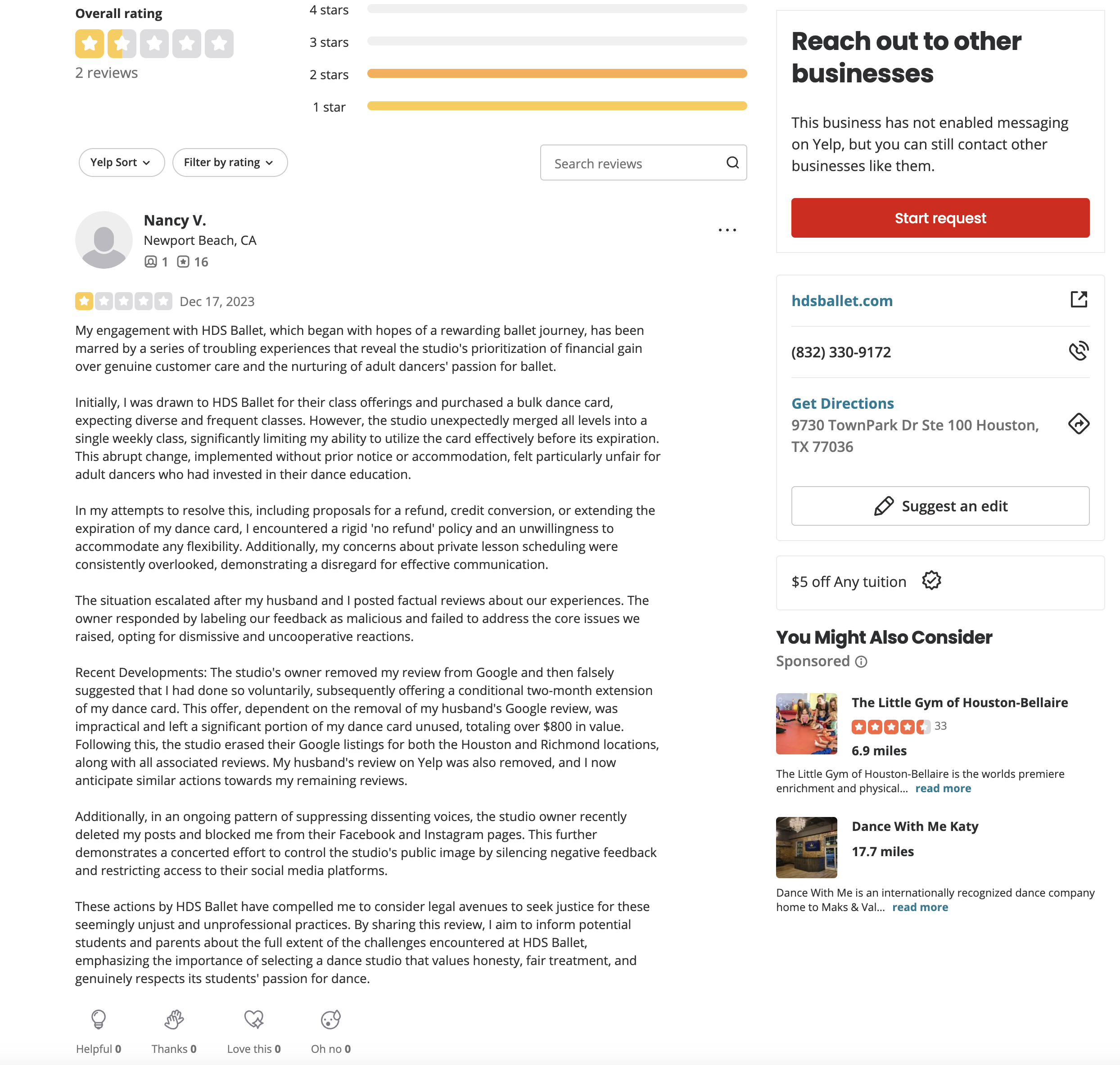 Yelp review page showing repeated attempts to flag a customer review as spam.