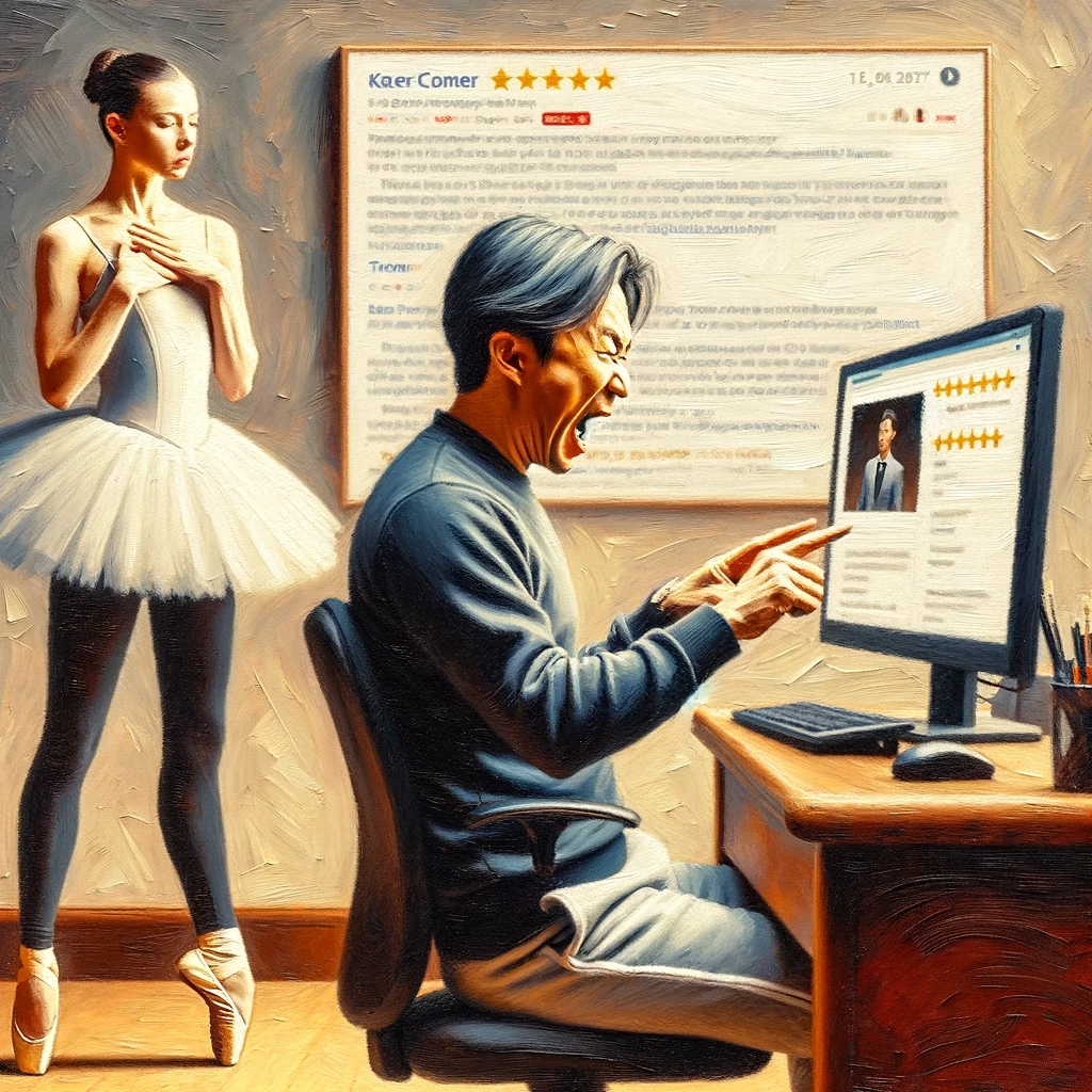 Illustration depicting HDS Ballet studio owner's retaliation against customers, highlighting cyberbullying and unethical practices.